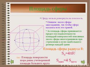 Площадь сферы радиуса R: Sсф=4πR2 Площадь сферы радиуса R: Sсф=4πR2