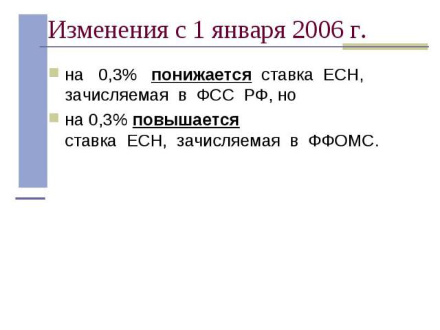 на   0,3%   понижается  ставка  ЕСН, зачисляемая  в  ФСС  РФ, но на   0,3%   понижается  ставка  ЕСН, зачисляемая  в  ФСС  РФ, но на 0,3% повышается ставка&nbs…