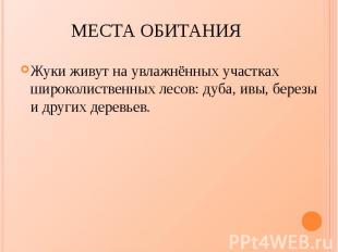 Жуки живут на увлажнённых участках широколиственных лесов: дуба, ивы, березы и д