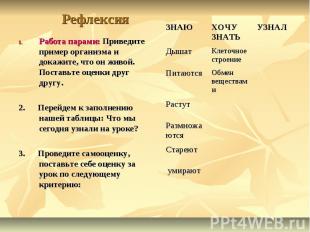 Рефлексия Работа парами: Приведите пример организма и докажите, что он живой. По