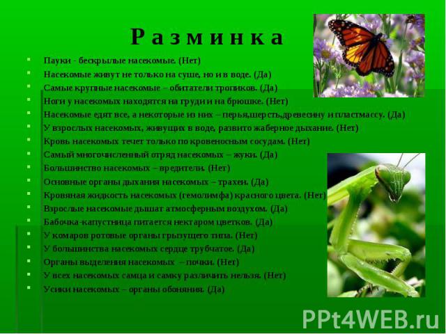 Пауки - бескрылые насекомые. (Нет) Пауки - бескрылые насекомые. (Нет) Насекомые живут не только на суше, но и в воде. (Да) Самые крупные насекомые – обитатели тропиков. (Да) Ноги у насекомых находятся на груди и на брюшке. (Нет) Насекомые едят все, …