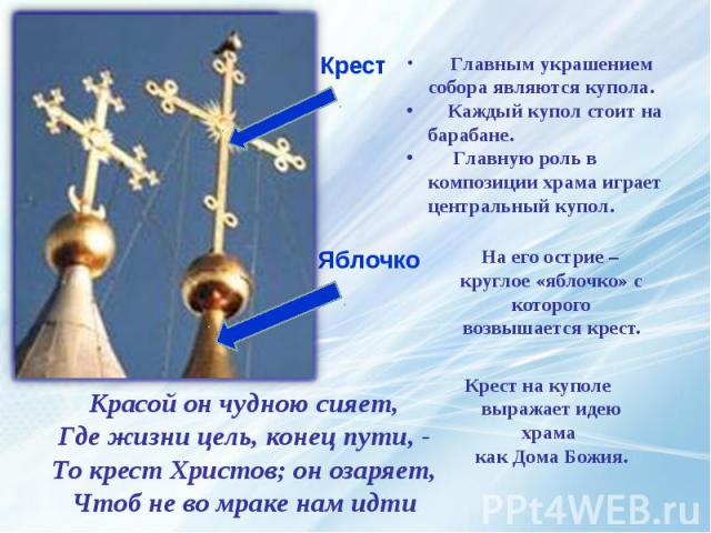 На его острие – круглое «яблочко» с которого возвышается крест. На его острие – круглое «яблочко» с которого возвышается крест. Крест на куполе выражает идею храма как Дома Божия.