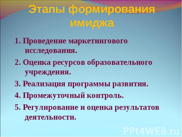 1. Проведение маркетингового исследования. 1. Проведение маркетингового исследования. 2. Оценка ресурсов образовательного учреждения. 3. Реализация программы развития. 4. Промежуточный контроль. 5. Регулирование и оценка результатов деятельности.