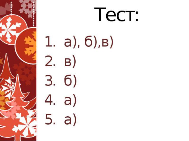 Тест: 1. а), б),в) 2. в) 3. б) 4. а) 5. а)