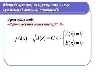Уравнения вида Уравнения вида «Сумма корней равна числу, С=0»