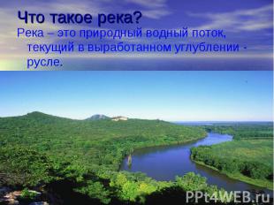 Что такое река? Река – это природный водный поток, текущий в выработанном углубл