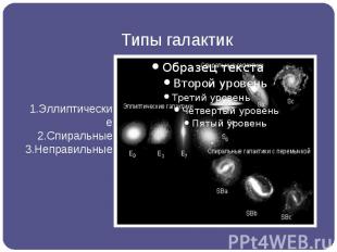 Типы галактик 1.Эллиптические 2.Спиральные 3.Неправильные