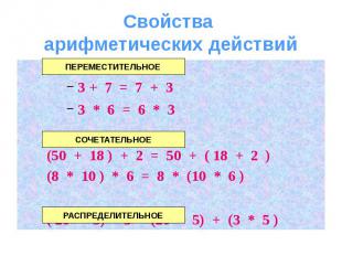 Свойства арифметических действий 3 + 7 = 7 + 3 3 * 6 = 6 * 3 (50 + 18 ) + 2 = 50