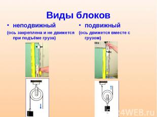 Виды блоков неподвижный (ось закреплена и не движется при подъёме груза)