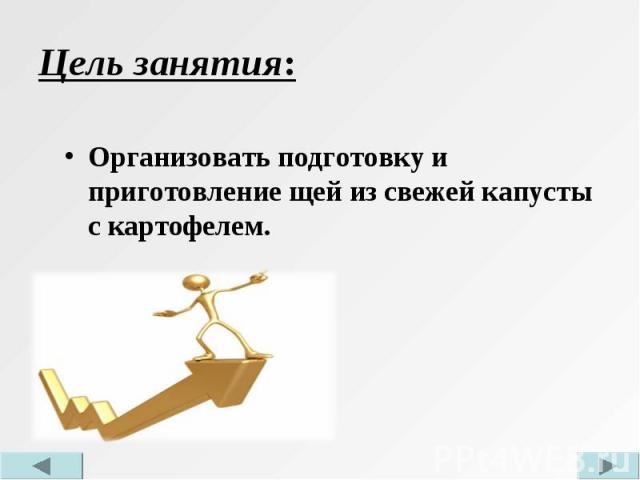 Организовать подготовку и приготовление щей из свежей капусты с картофелем.