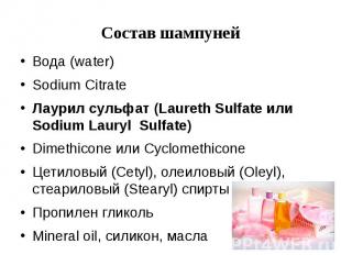 Состав шампуней Вода (water) Sodium Citrate Лаурил сульфат (Laureth Sulfate или