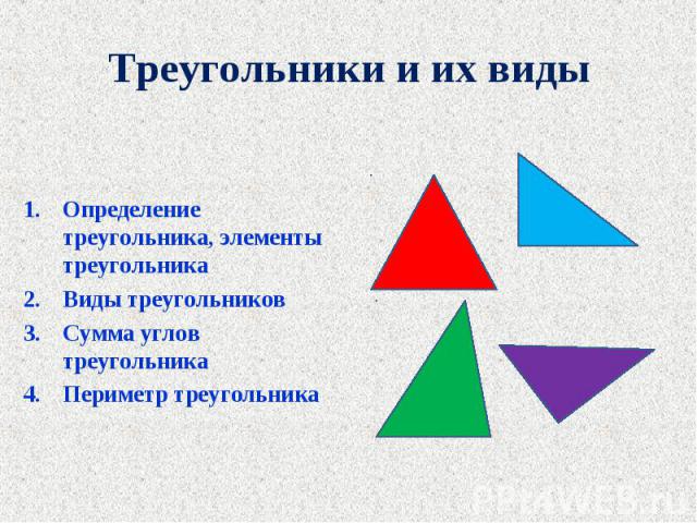 Определение треугольника, элементы треугольника Определение треугольника, элементы треугольника Виды треугольников Сумма углов треугольника Периметр треугольника