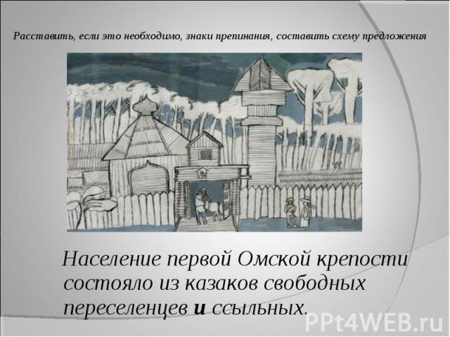 Население первой Омской крепости состояло из казаков свободных переселенцев и ссыльных.