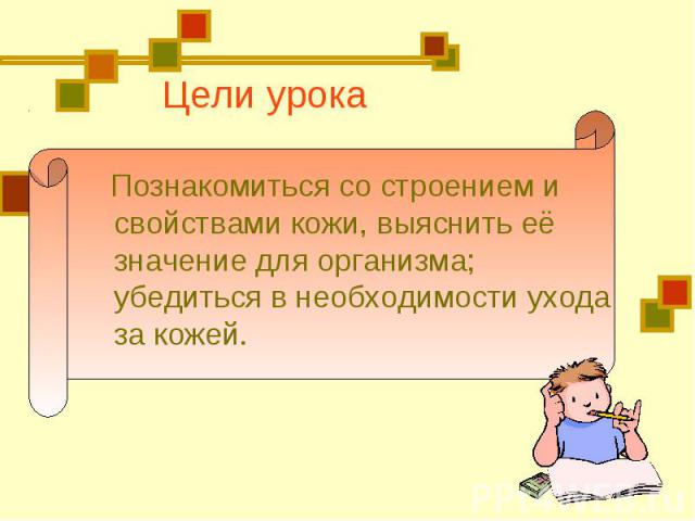 Познакомиться со строением и свойствами кожи, выяснить её значение для организма; убедиться в необходимости ухода за кожей. Познакомиться со строением и свойствами кожи, выяснить её значение для организма; убедиться в необходимости ухода за кожей.