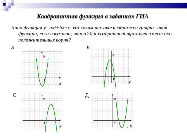 Дана функция у=ах²+bх+с. На каком рисунке изображен график этой функции, если известно, что а>0 и квадратный трехчлен имеет два положительных корня? Дана функция у=ах²+bх+с. На каком рисунке изображен график этой функции, если известно, что а>…