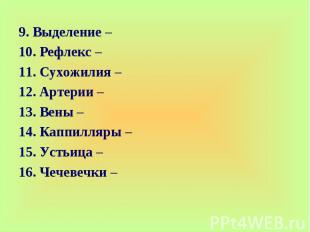 9. Выделение – 9. Выделение – 10. Рефлекс – 11. Сухожилия – 12. Артерии – 13. Ве