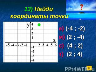 13) Найди координаты точки е) (-4 ; -2) м) (2 ; -4) с) (4 ; 2) т) (2 ; 4)