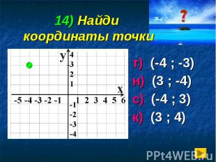14) Найди координаты точки т) (-4 ; -3) н) (3 ; -4) с) (-4 ; 3) к) (3 ; 4)