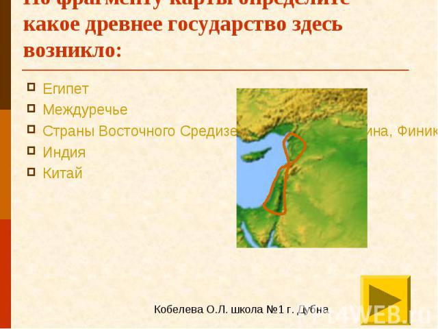 По фрагменту карты определите какое древнее государство здесь возникло: Египет Междуречье Страны Восточного Средиземноморья (Палестина, Финикия, Сирия) Индия Китай
