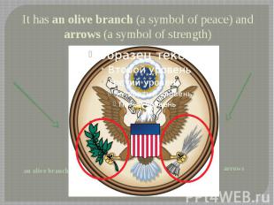 It has an olive branch (a symbol of peace) and arrows (a symbol of strength)