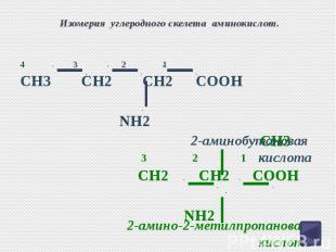 Изомерия углеродного скелета аминокислот. 4 3 2 1 CH3 CH2 CH2 COOH NH2 CH3 3 2 1