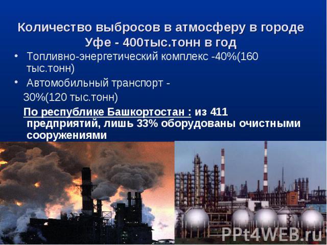 Топливно-энергетический комплекс -40%(160 тыс.тонн) Топливно-энергетический комплекс -40%(160 тыс.тонн) Автомобильный транспорт - 30%(120 тыс.тонн) По республике Башкортостан : из 411 предприятий, лишь 33% оборудованы очистными сооружениями