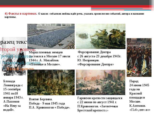 4) Факты в картинах. О каких событиях войны идёт речь, указать хронологию событий, автора и название картины.