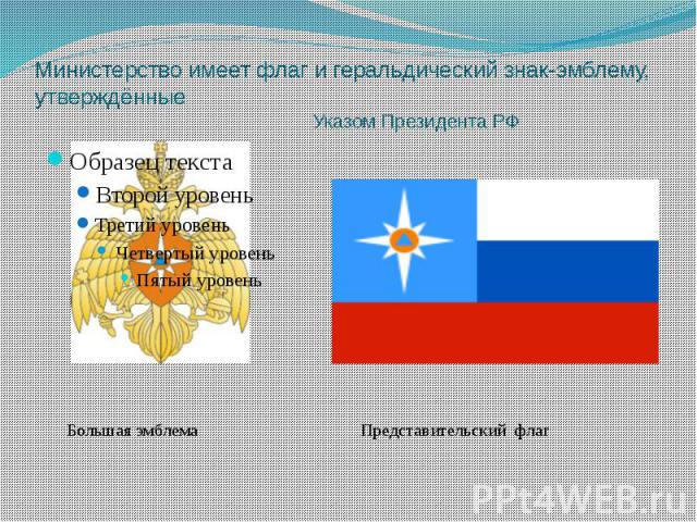 Министерство имеет флаг и геральдический знак-эмблему, утверждённые Указом Президента РФ