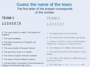 Guess the name of the team. The first letter of the answer corresponds to the nu