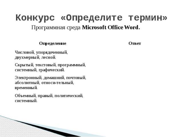 Конкурс «Определите термин» Программная среда Microsoft Office Word.