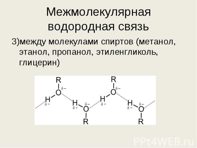 3)между молекулами спиртов (метанол, этанол, пропанол, этиленгликоль, глицерин) 3)между молекулами спиртов (метанол, этанол, пропанол, этиленгликоль, глицерин)