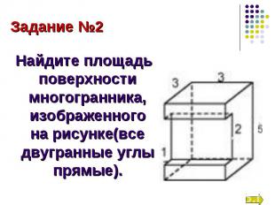 Найдите площадь поверхности многогранника, изображенного на рисунке(все двугранн