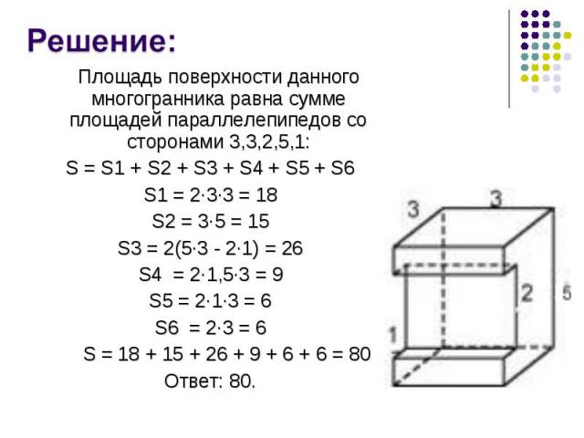 Площадь поверхности данного многогранника равна сумме площадей параллелепипедов со сторонами 3,3,2,5,1: Площадь поверхности данного многогранника равна сумме площадей параллелепипедов со сторонами 3,3,2,5,1: S = S1 + S2 + S3 + S4 + S5 + S6 S1 = 2∙3∙…
