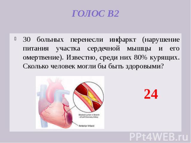 ГОЛОС В2 30 больных перенесли инфаркт (нарушение питания участка сердечной мышцы и его омертвение). Известно, среди них 80% курящих. Сколько человек могли бы быть здоровыми?