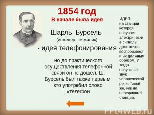 1854 год В начале была идея Шарль Бурсель (инженер – механик) - идея телефониров