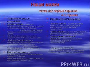 Наши маяки Успех нас первый окрылил… А.С.Пушкин Спортивная гордость школы(2009)