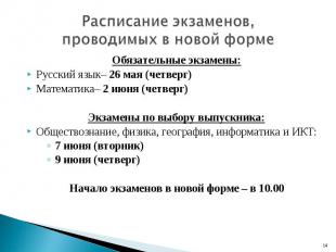 Обязательные экзамены: Обязательные экзамены: Русский язык– 26 мая (четверг) Мат