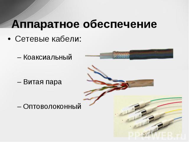 Сетевые кабели: Сетевые кабели: Коаксиальный Витая пара Оптоволоконный