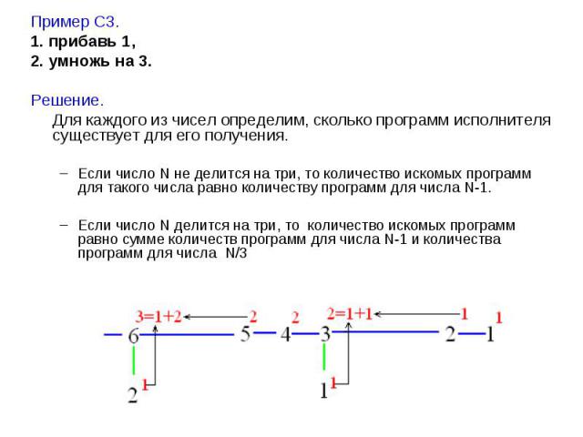 Пример С3. Пример С3. 1. прибавь 1, 2. умножь на 3. Решение. Для каждого из чисел определим, сколько программ исполнителя существует для его получения. Если число N не делится на три, то количество искомых программ для такого числа равно количеству …