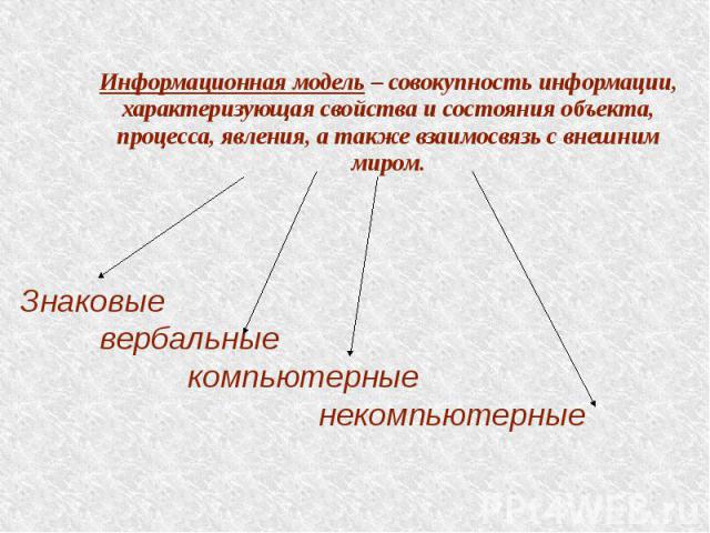 Информационная модель – совокупность информации, характеризующая свойства и состояния объекта, процесса, явления, а также взаимосвязь с внешним миром.