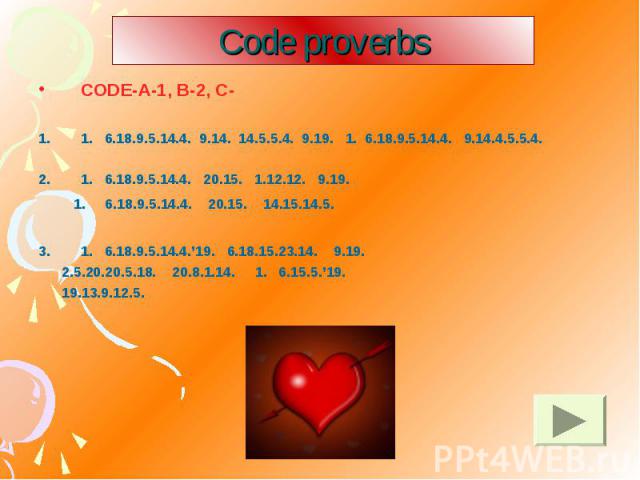 Code proverbs CODE-A-1, B-2, C- 1. 6.18.9.5.14.4. 9.14. 14.5.5.4. 9.19. 1. 6.18.9.5.14.4. 9.14.4.5.5.4. 1. 6.18.9.5.14.4. 20.15. 1.12.12. 9.19. 1. 6.18.9.5.14.4. 20.15. 14.15.14.5. 1. 6.18.9.5.14.4.’19. 6.18.15.23.14. 9.19. 2.5.20.20.5.18. 20.8.1.14…