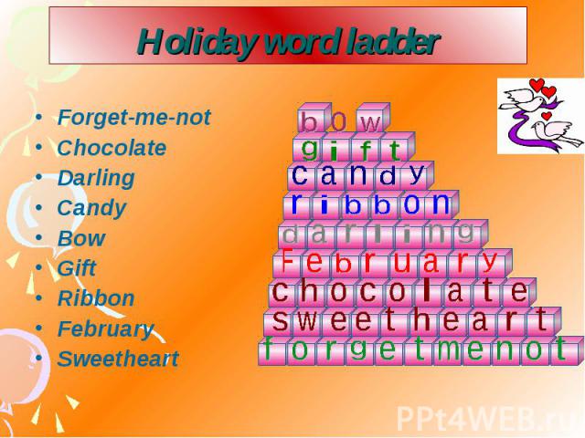 Holiday word ladder Forget-me-not Chocolate Darling Candy Bow Gift Ribbon February Sweetheart