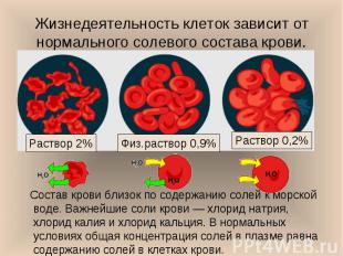 Состав крови близок по содержанию солей к морской воде. Важнейшие соли крови — х
