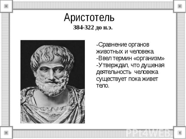 Аристотель 384-322 до н.э. -Сравнение органов животных и человека. -Ввел термин «организм» -Утверждал, что душеная деятельность человека существует пока живет тело.