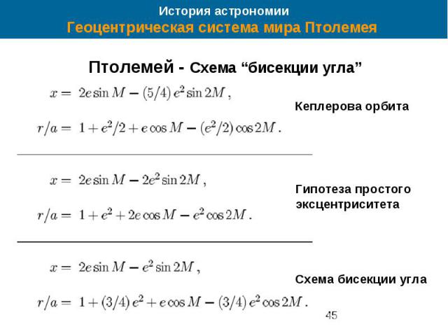 История астрономии Геоцентрическая система мира Птолемея Птолемей - Схема “бисекции угла”