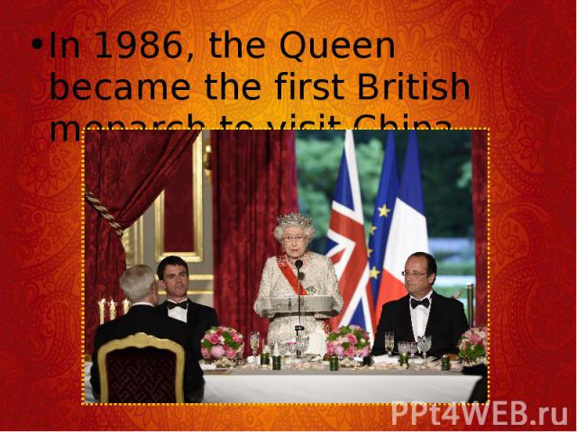 In 1986, the Queen became the first British monarch to visit China. In 1986, the Queen became the first British monarch to visit China.