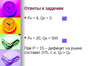 Ответы к задачам Р0 = 4, Q0 = 3 Р0 = 20, Q0 = 500 При Р = 15 – дефицит на рынке