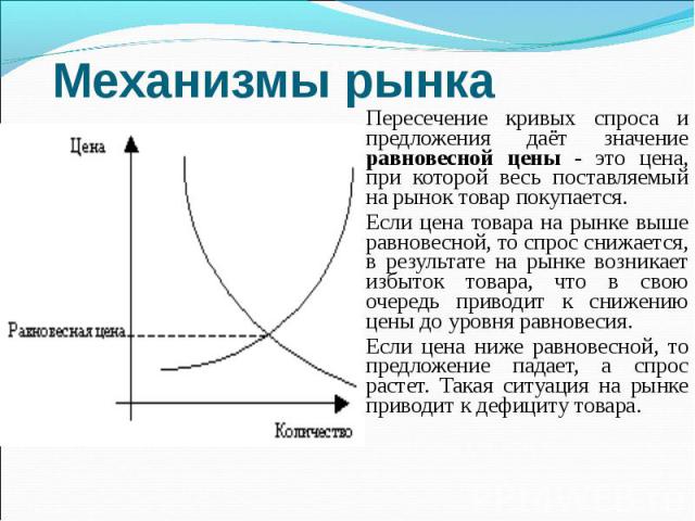 Пересечение кривых спроса и предложения даёт значение равновесной цены - это цена, при которой весь поставляемый на рынок товар покупается. Пересечение кривых спроса и предложения даёт значение равновесной цены - это цена, при которой весь поставляе…