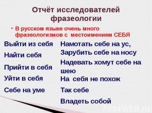 Отчёт исследователей фразеологии В русском языке очень много фразеологизмов с ме