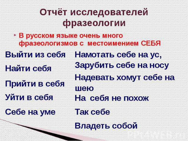 Отчёт исследователей фразеологии В русском языке очень много фразеологизмов с местоимением СЕБЯ